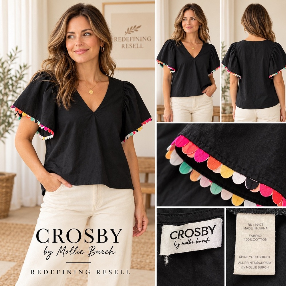 Crosby by Mollie Burch Black Cotton V-Neck Flutter Sleeve Scalloped Trim Top